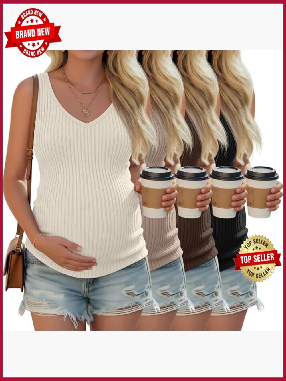 4 Pack Maternity Tank Tops Ribbed Cotton Sleeveless V-Neck Summer Basic Tanks